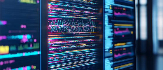 Poster - Abstract Data Screens On Monitors In Dark Room