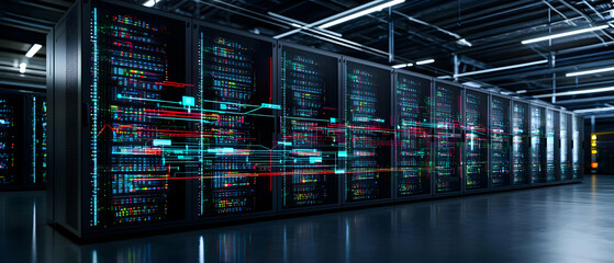 Poster - Modern Data Center Server Room With Glowing Displays
