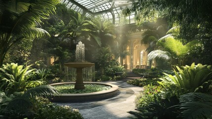 Wall Mural - indoor garden with a fountain surrounded by lush green plants and sunlight.
