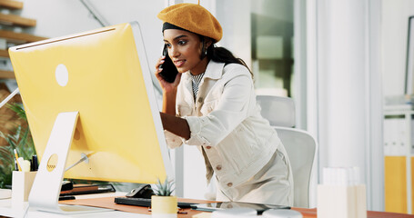 Aufkleber - Woman, phone call and review with computer in office for discussion, confirm schedule and reporter chat. Journalist, conversation and pc for story feedback, client contact and publication information