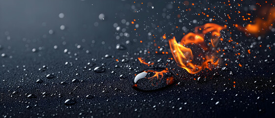 Poster - Fiery Flames With Water Drops On Dark Surface