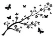 © fatimatz - Elegant silhouette depicts blooming branches with flowers and butterflies against a clean, stark backdrop