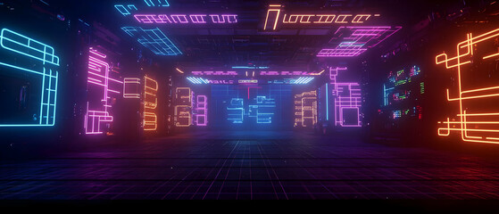 Poster - Vibrant Neon Glowing Pixelated Tunnel