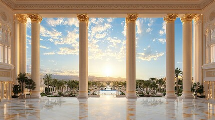 Poster - Immerse in a holographic world of nostalgia with vivid golden accents under a bright upside-down daylight at a luxurious resort, 