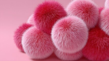 Poster - Bunch of pink fuzzy balls are piled on top of each other. The balls are all different sizes and are arranged in a way that creates a sense of depth and texture. The image has a playful