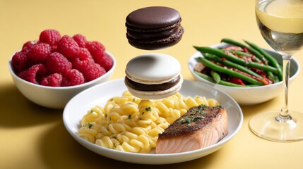 Poster - Plate of food with a glass of wine and a bowl of raspberries. The plate has a dessert with a white and brown pastry on top