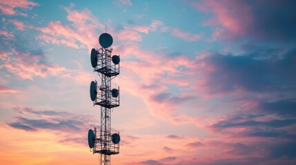 a telephone pole with multiple antennas against a vibrant, colorful sky with pink and blue hues.