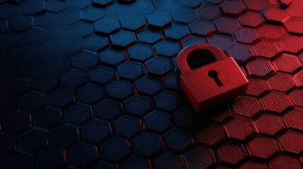 Poster - Red Lock on Hexagonal Pattern Background with Blue and Black Color Gradient for Security and Protection Concept Illustration