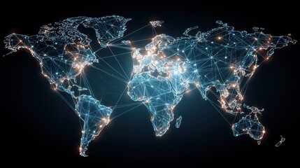 Poster - Detailed Abstract Global Network Visualization with Illuminated Connections across Continents and Geographical Regions on Dark Background