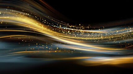 Poster - Abstract golden wave with shimmering lights creating a sense of motion and elegance on a dark background for creative and artistic designs
