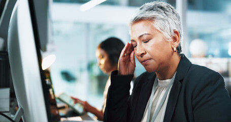 Poster - Mature woman, headache and stress at night with computer for mistake, difficult task or overworked at office. Female person, analyst or working late with migraine for fatigue, pressure or deadline