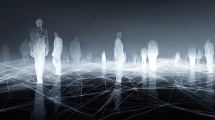 Poster - Abstract representation of people in a network connected space, showcasing technology, communication, interaction, and digital presence in a modern world.