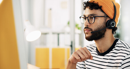 Aufkleber - Serious, agent and man with headset, call center and communication with microphone and customer service. Business, representative and person with advice for contact, online and consultation for order