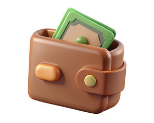 Poster - 3d rendering of brown wallet overflowing with stacked money bills on transparent background high quality 3d rendering