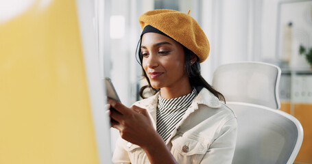 Aufkleber - Business woman, computer and typing with phone in office for browser testing, client feedback or networking. Web designer, employee and smartphone for app troubleshooting or update at creative agency
