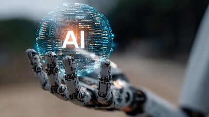 Robotic Hand Interacting with AI-Powered Holographic Interface, Showcasing the Future of Artificial Intelligence and Human-Machine Collaboration
