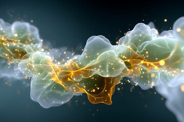 Fototapete - Abstract Glowing Energy Flow Swirling Green and Gold Particles on Dark Background