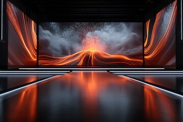 Poster - Futuristic Volcanic Landscape Digital Art Glowing Lava and Dark Night Scene
