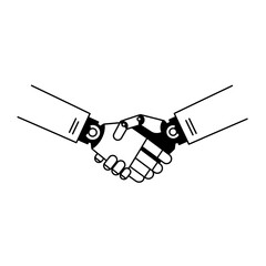Poster - Human-Robot Collaboration: A human hand shakes a robotic hand, symbolizing partnership between humans and technology in the future.