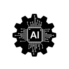 Poster - AI chip integration icon: An elegantly crafted icon symbolizing the powerful fusion of Artificial Intelligence and technology, centered around a detailed gear and microchip. 
