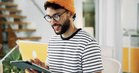 Poster - Happy, man and reading on tablet in office for research, schedule update and review newsletter. Male journalist, digital and editing article, story information and feedback for magazine publication