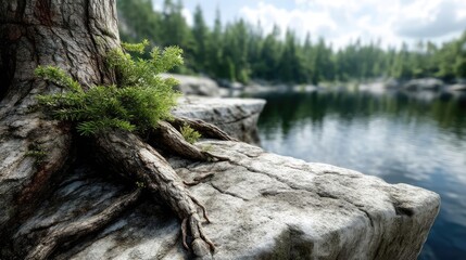 Poster - Scenic view of lake in pine forest under peaceful nature concept. A serene lakeside view with tree roots and foggy forest backdrop.