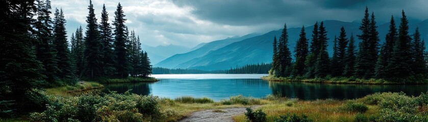 Poster - Scenic view of lake in pine forest under cloudy blue sky concept. Serene lake surrounded by majestic trees and mountains.