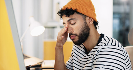 Poster - Creative, tired and man with fatigue in office for web development deadline, overworked and brain fog. Designer, employee and exhausted at agency for website testing crisis, overwhelmed or eye strain