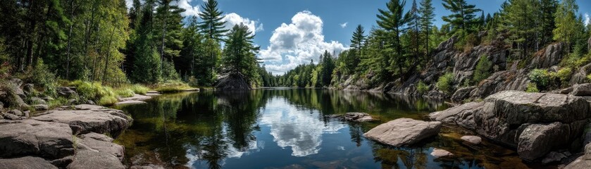 Poster - Scenic view of lake in pine forest with rock and trees concept. A serene river landscape surrounded by lush trees and rocks.
