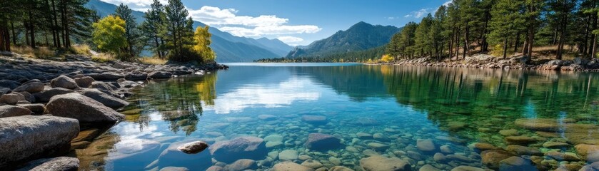 Poster - Scenic view of lake in pine forest with rock and trees concept. Serene lake surrounded by mountains and lush greenery on a sunny day.