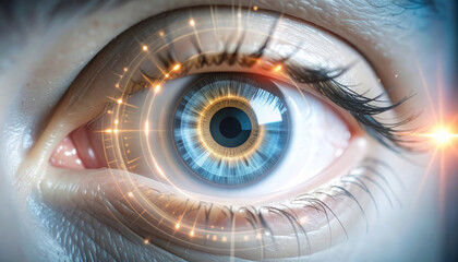 Poster - close up of blue eye with digital futuristic rings and glowing light effects scanning iris