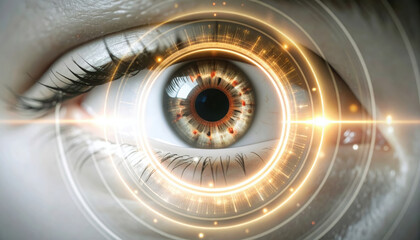 Poster - close up of human eye with glowing concentric rings and digital scanning effects