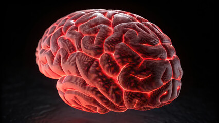 Poster - rotating digital brain with glowing red neural pathways on black background