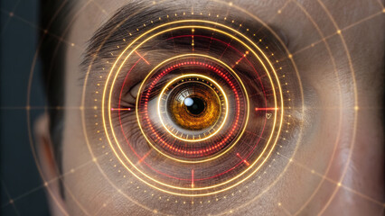 Poster - close up of human eye with futuristic digital scanning interface glowing brightly