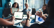 © CC2000/peopleimages.com - Finance, hands and tablet screen with business people in office boardroom for investment opportunity. Growth, portfolio and presentation with financial team in workplace for wealth management