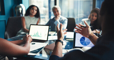 Poster - Finance, hands and tablet screen with business people in office boardroom for investment opportunity. Growth, portfolio and presentation with financial team in workplace for wealth management