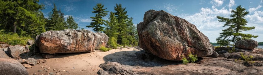 Poster - Scenic view of lake in pine forest with rock and trees concept. Beautiful rocky landscape with trees and blue sky.