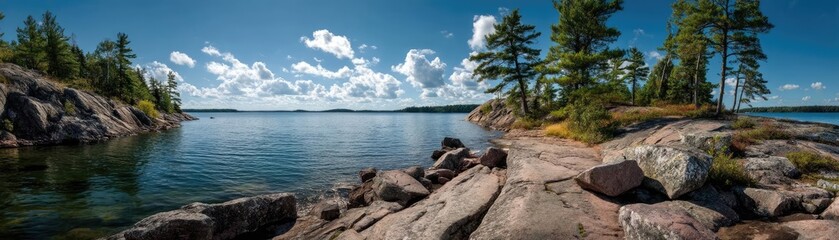 Poster - Scenic view of lake in pine forest with rock and trees concept. Peaceful lakeside view surrounded by lush green trees.