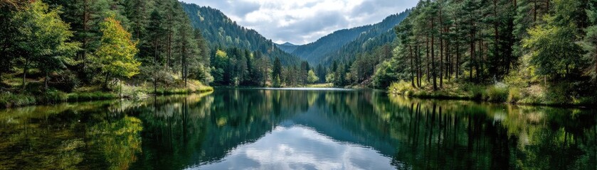 Poster - Scenic view of lake in pine forest under cloudy blue sky concept. A serene lake surrounded by lush mountains and tranquil forests.