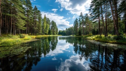 Poster - Scenic view of lake in pine forest under cloudy blue sky concept. Serene forest landscape with a reflective lake and clear skies.