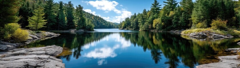 Poster - Scenic view of lake in pine forest with rock and trees concept. Serene view of a tranquil lake surrounded by lush greenery.