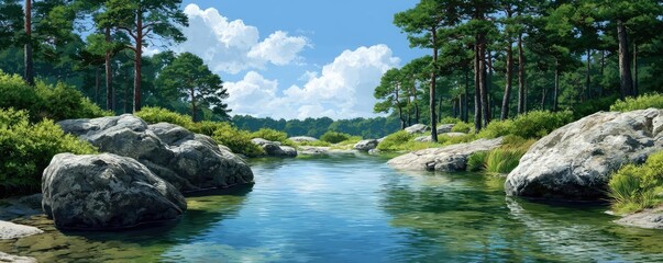 Poster - Scenic view of lake in pine forest with rock and trees concept. Scenic river winding through lush forests and rocks under blue sky.