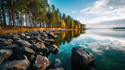 Poster - Scenic view of lake in pine forest with rock and trees concept. Serene lakeside view surrounded by pine trees and reflection.