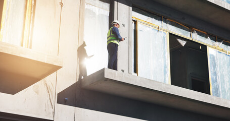 Poster - Construction site, architect and man with tablet, city and inspection of process, architecture and online. Building, inspector and person with tech for development, project management and renovation