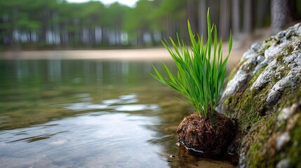 Poster - Scenic view of lake in pine forest under cloudy blue sky concept. A vibrant green plant growing by the tranquil water's edge.