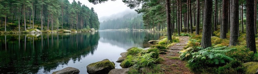 Poster - Scenic view of lake in pine forest under cloudy blue sky concept. Serene landscape with a calm lake surrounded by lush pine trees.
