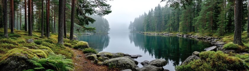 Poster - Scenic view of lake in pine forest under cloudy blue sky concept. A serene landscape featuring a calm lake surrounded by lush trees.