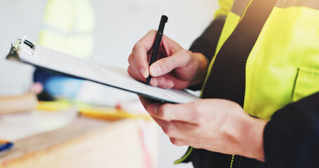 Poster - Man, hands and contractor with clipboard for construction, industrial career and building renovation of development. Engineer, architect and site inspection for maintenance or infrastructure project