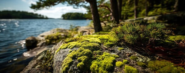 Poster - Scenic view of lake in pine forest with rock and trees concept. Lush green moss covering rocks near a tranquil lakeside setting.