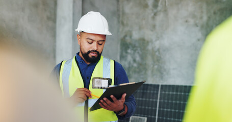 Aufkleber - Building, clipboard and inspection with construction worker man on site for civil engineering or development. Checklist, planning and reading with developer person on location for project management